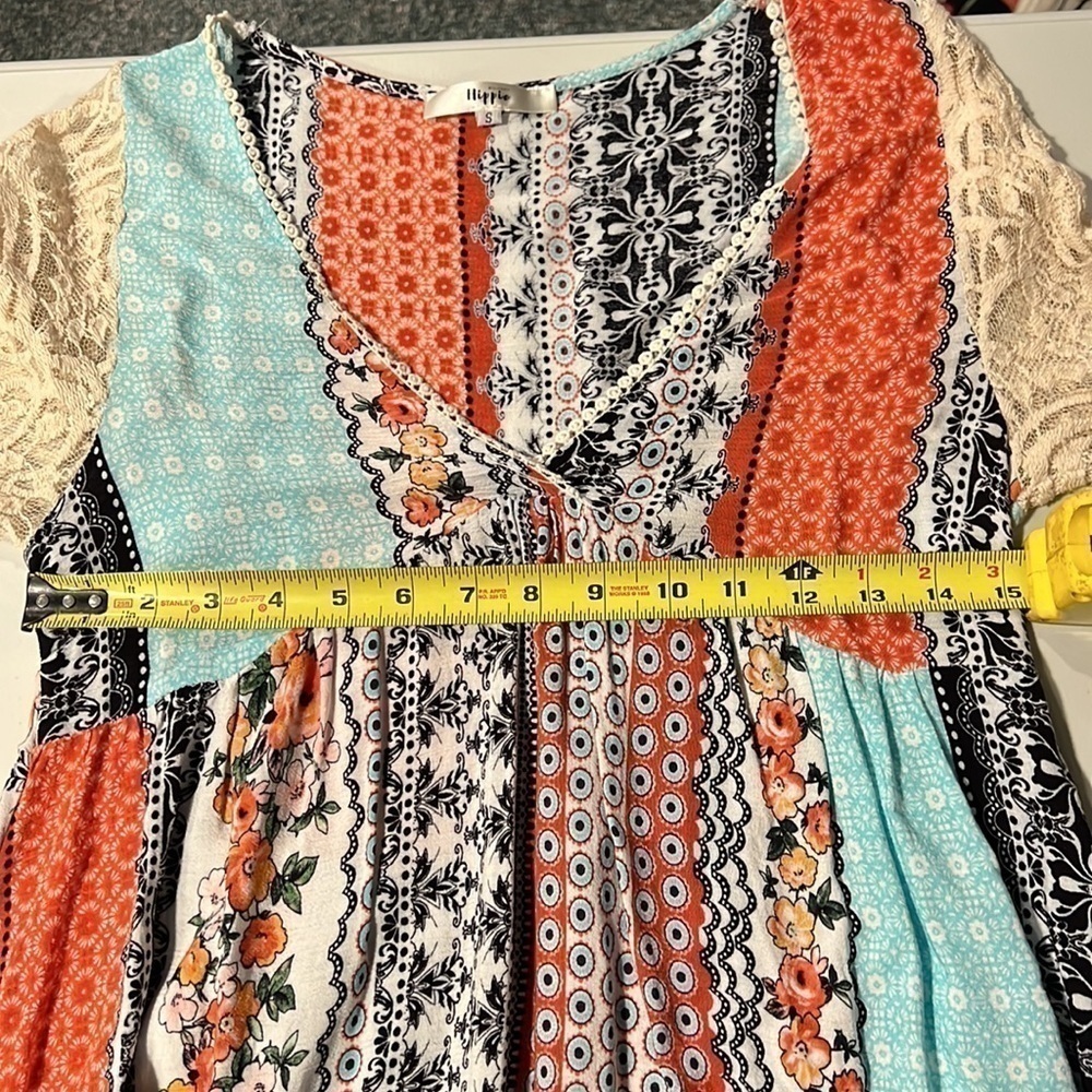 Military Hippie Boho Tunic/Dress with Lace 3/4 Sleeves, Size S - Picture 7 of 7